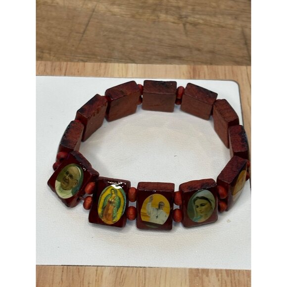 Religious Wooden Stretch Bracelet With Catholic Saint Images - Picture 4 of 8